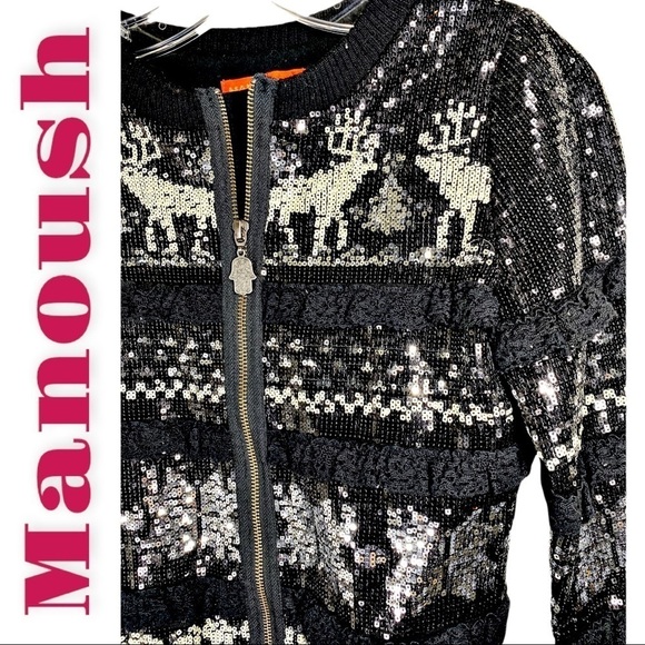 MANOUSH Christmas Cardigan Sweater Jacket Sequin Reindeer Snowflakes Lace, XS - Picture 3 of 10